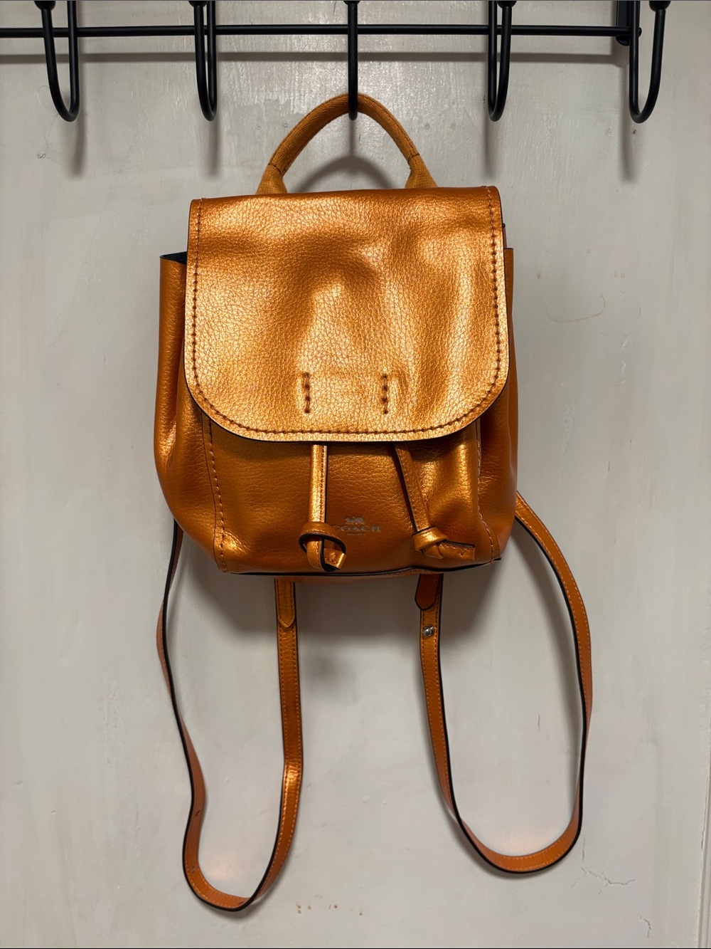 Coach Metallic Copper Orange Pull String And Snap Mini Backpack C1877-F16605